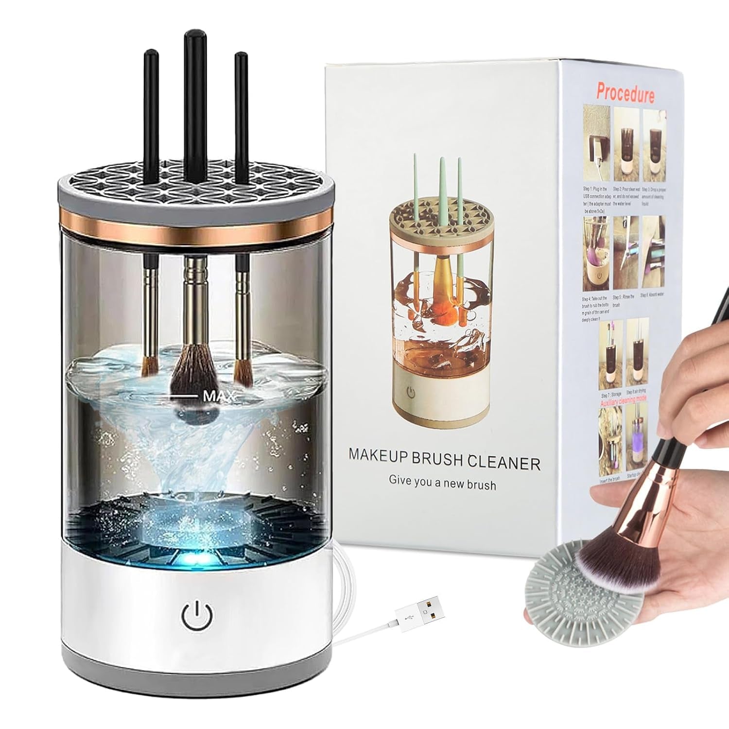 3 in 1 Electric Makeup Brush Cleaner, Automatic Cosmetic Brush Cleaner Machine with Makeup Brush Cleaning Mat, Portable Beauty Blender Cleaner Tools for All Size Makeup Brush