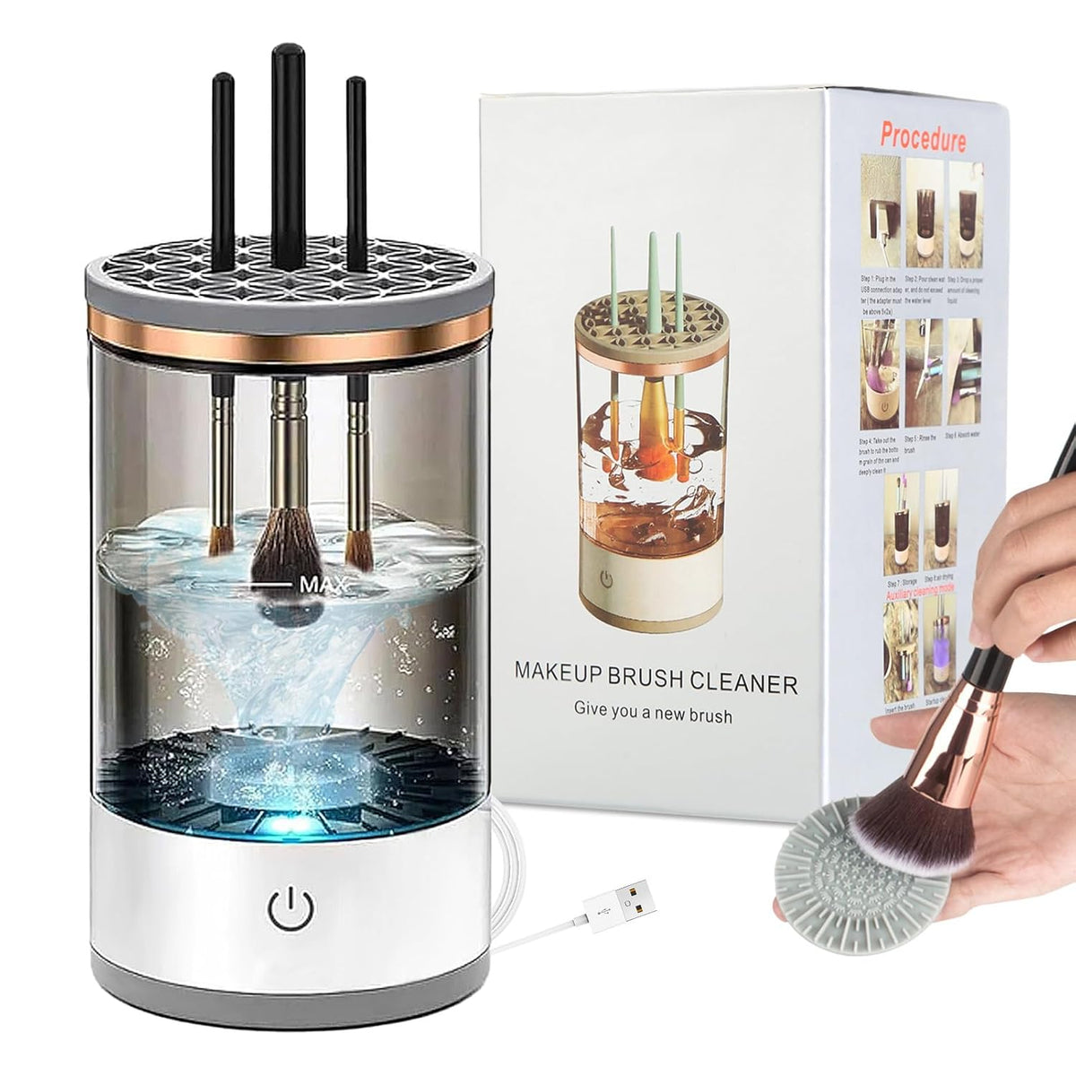 3 in 1 Electric Makeup Brush Cleaner, Automatic Cosmetic Brush Cleaner Machine with Makeup Brush Cleaning Mat, Portable Beauty Blender Cleaner Tools for All Size Makeup Brush